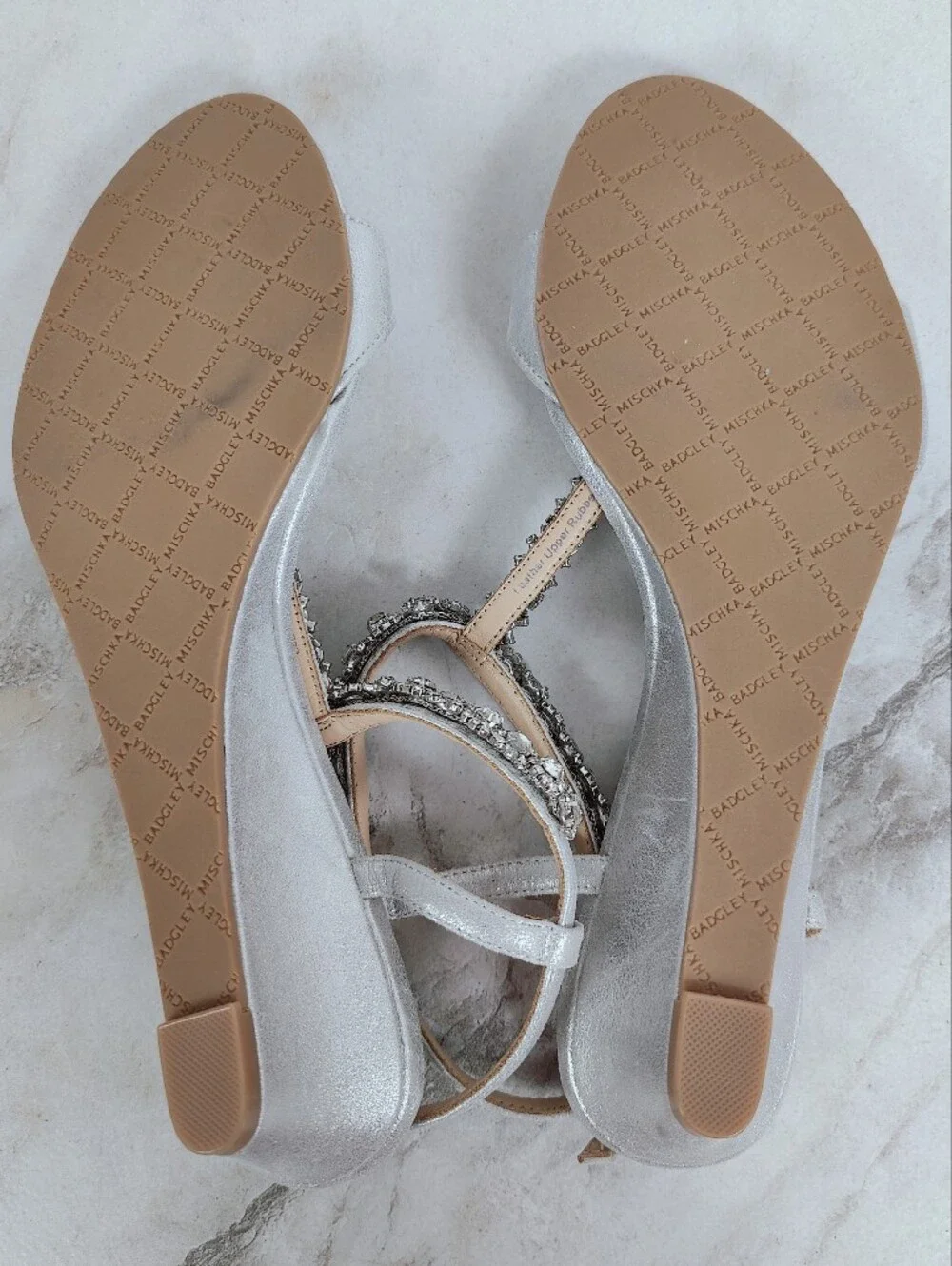 Badgley Mischka Silver Crystal T-Strap Wedge Sandals